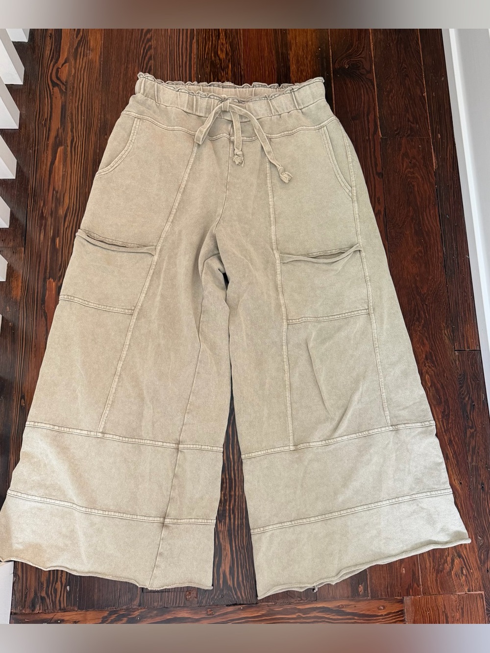Three Bird Nest Wide-Leg Cropped Drawstring Pants in Taupe - Picture 2 of 7